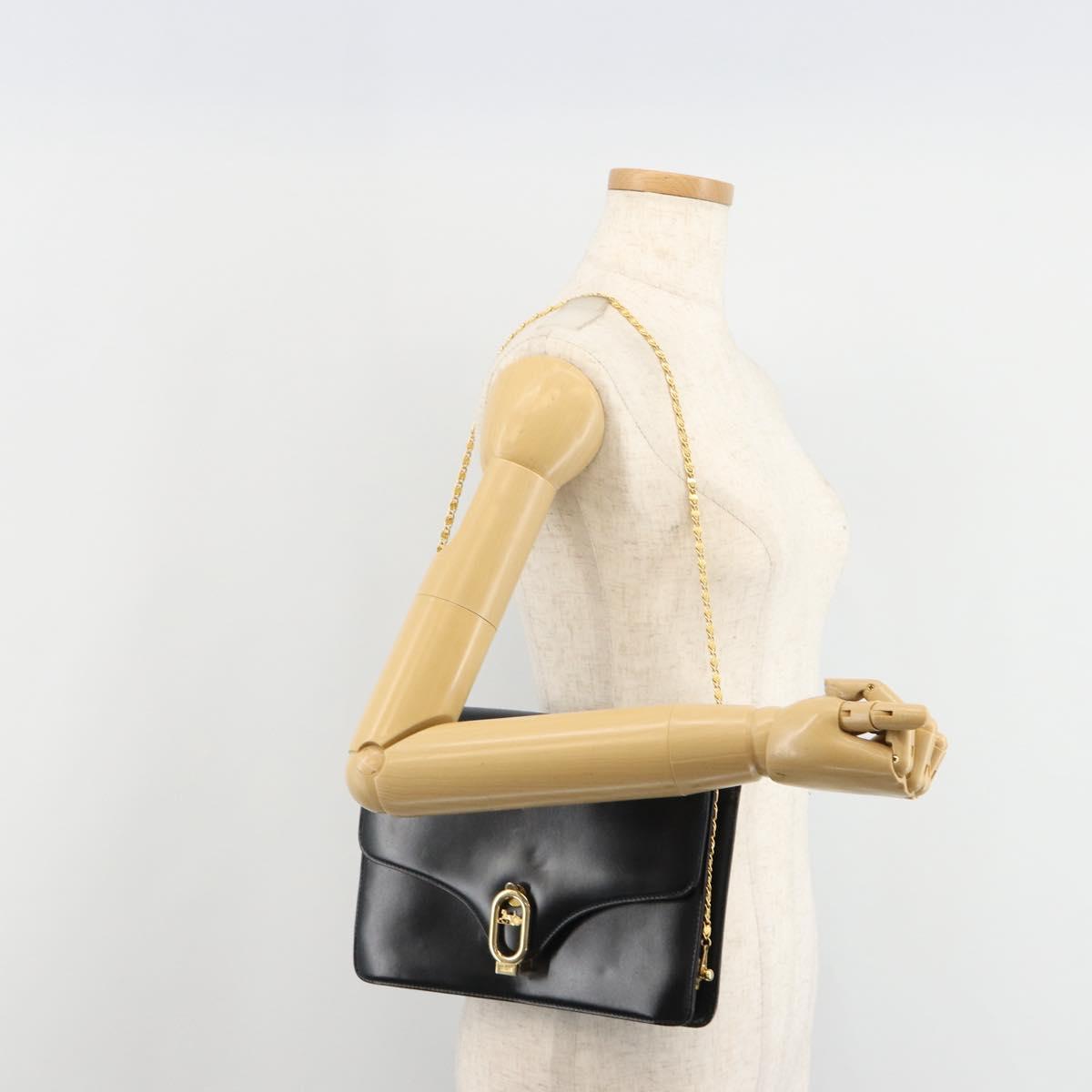 CELINE Chain Shoulder Bag Leather Black Gold Auth 187388