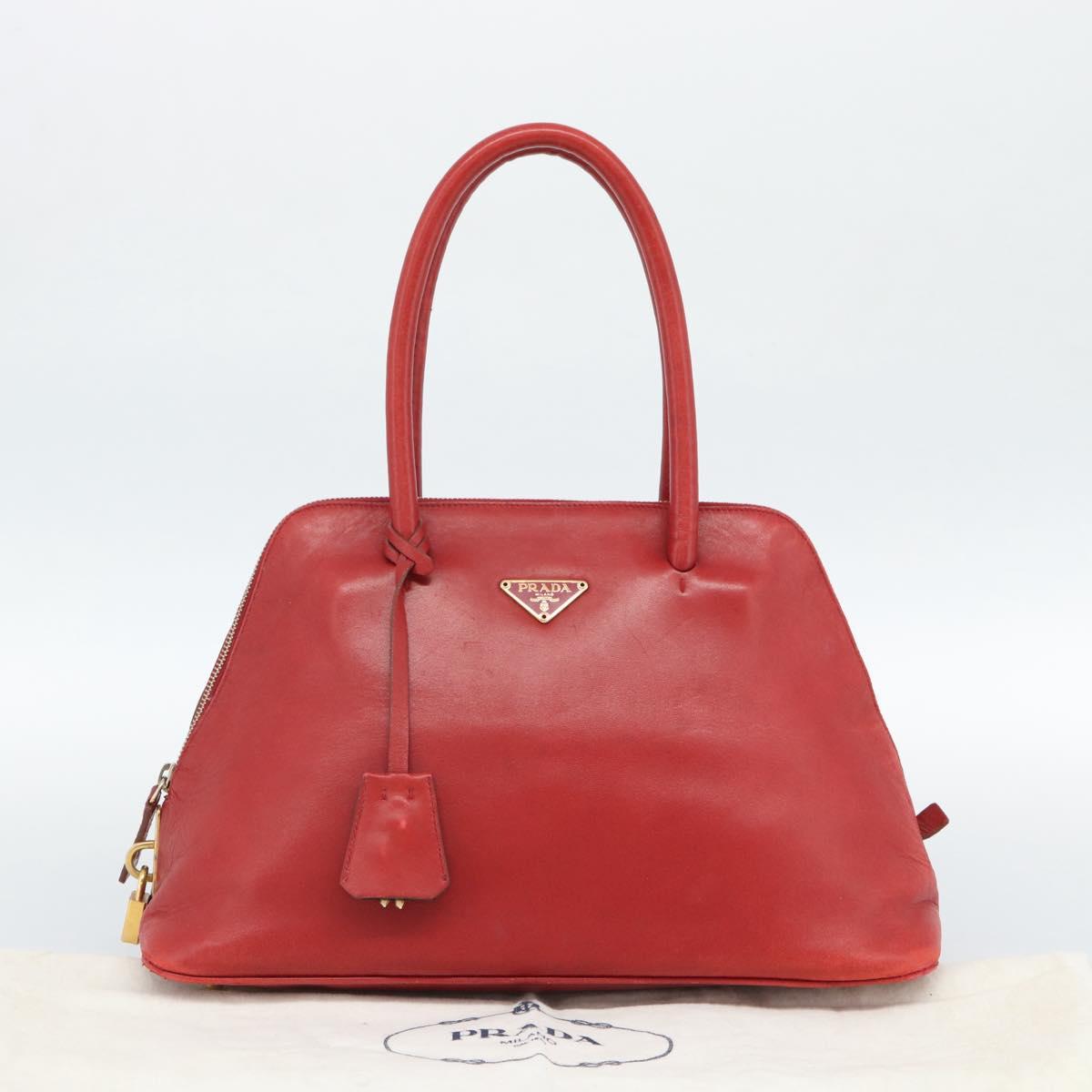 PRADA Hand Bag Leather Red Gold Auth 187417A