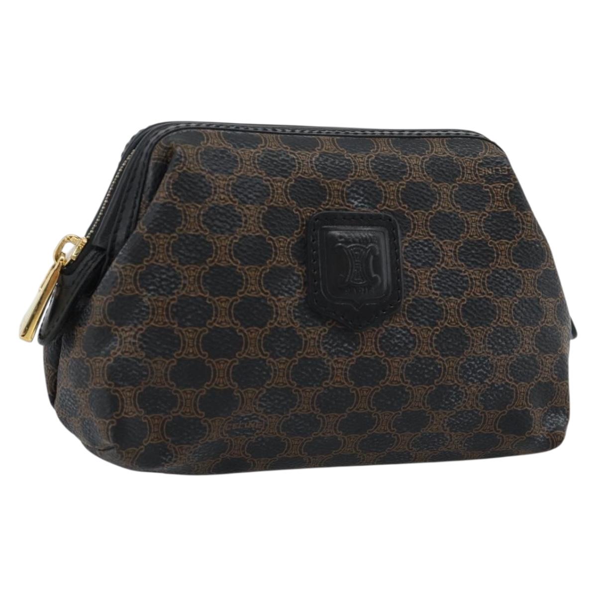 CELINE Macadam Canvas Pouch PVC Leather Black Gold Auth 187427V