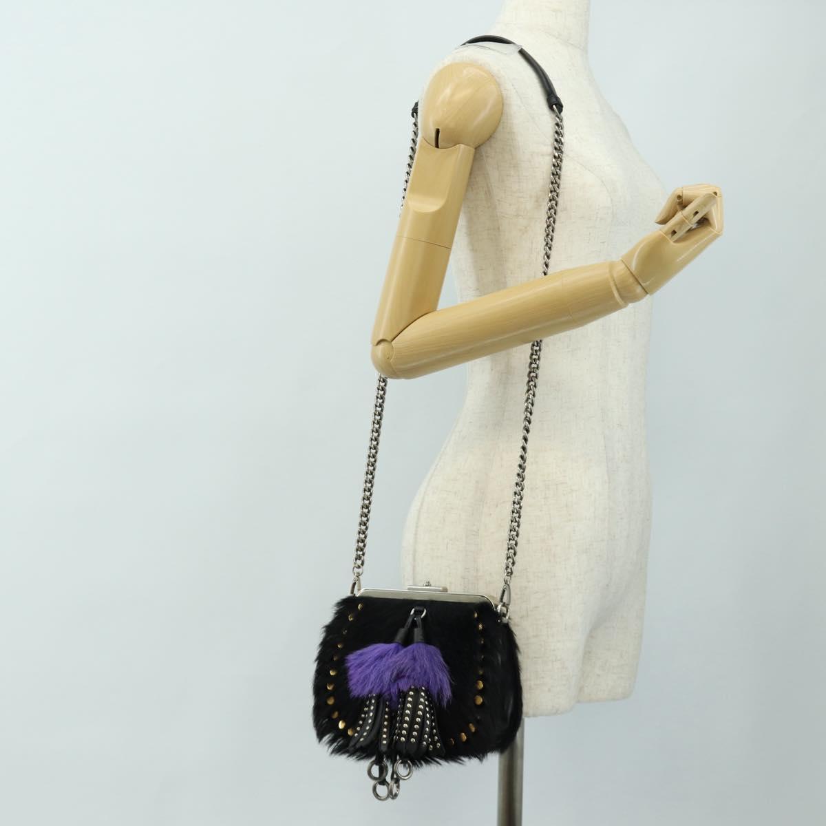 PRADA Chain Shoulder Bag Fur Black Silver Auth 187435SAM