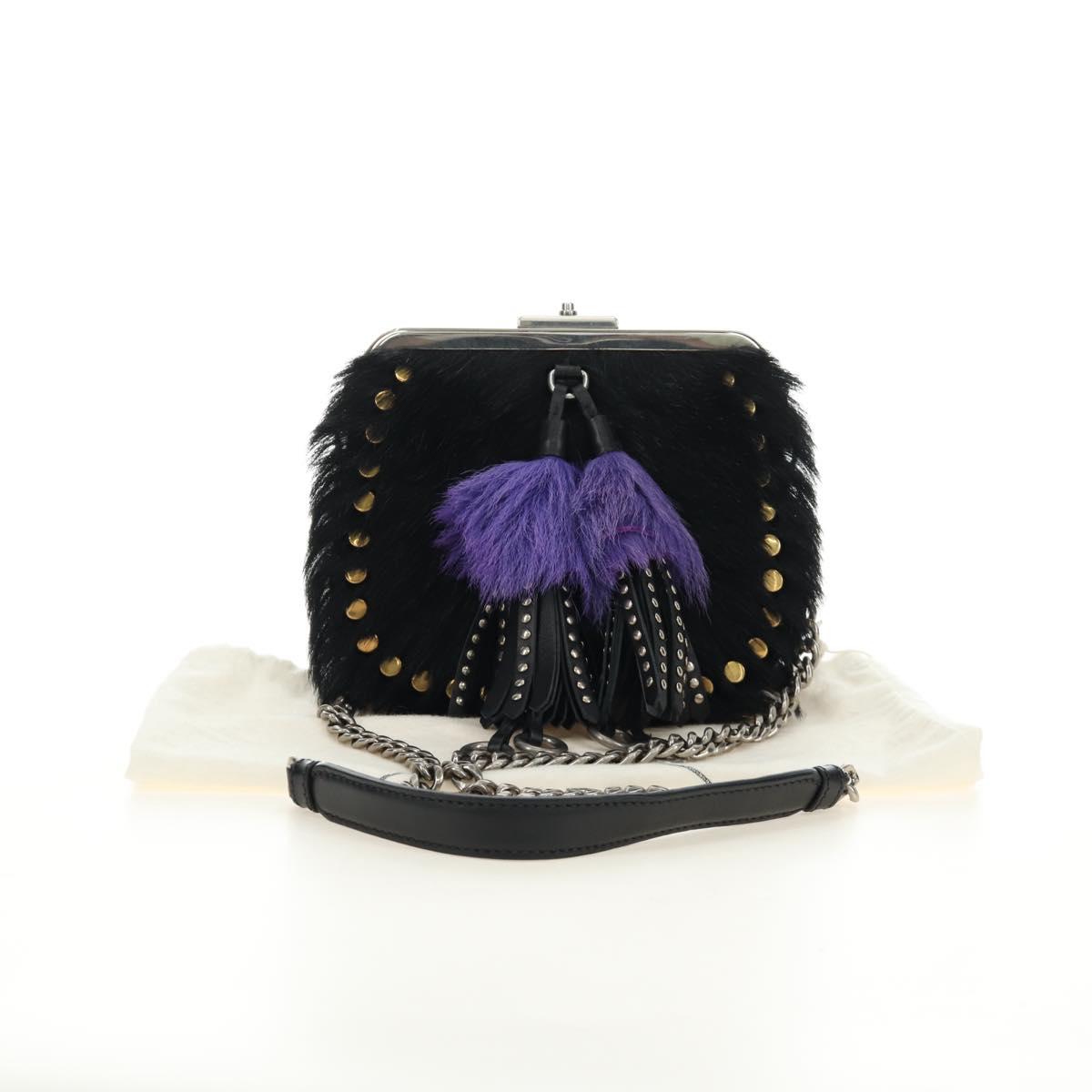 PRADA Chain Shoulder Bag Fur Black Silver Auth 187435SAM