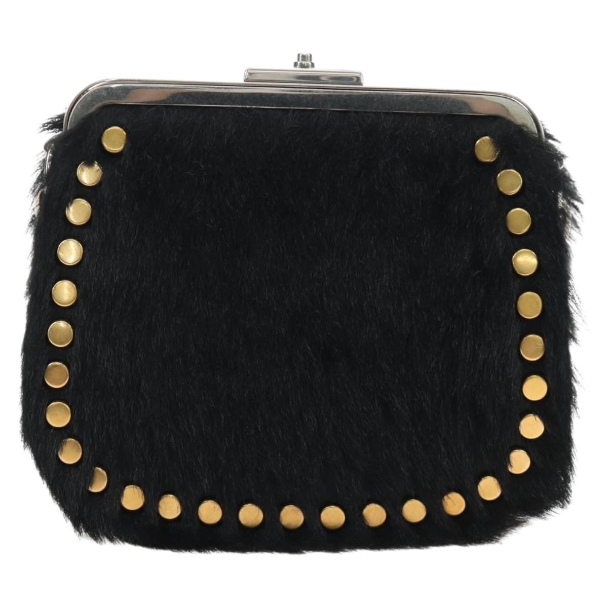 PRADA Chain Shoulder Bag Fur Black Silver Auth 187435SAM