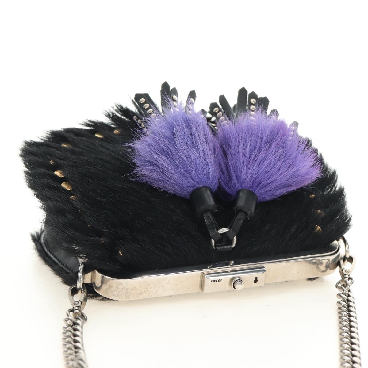 PRADA Chain Shoulder Bag Fur Black Silver Auth 187435SAM