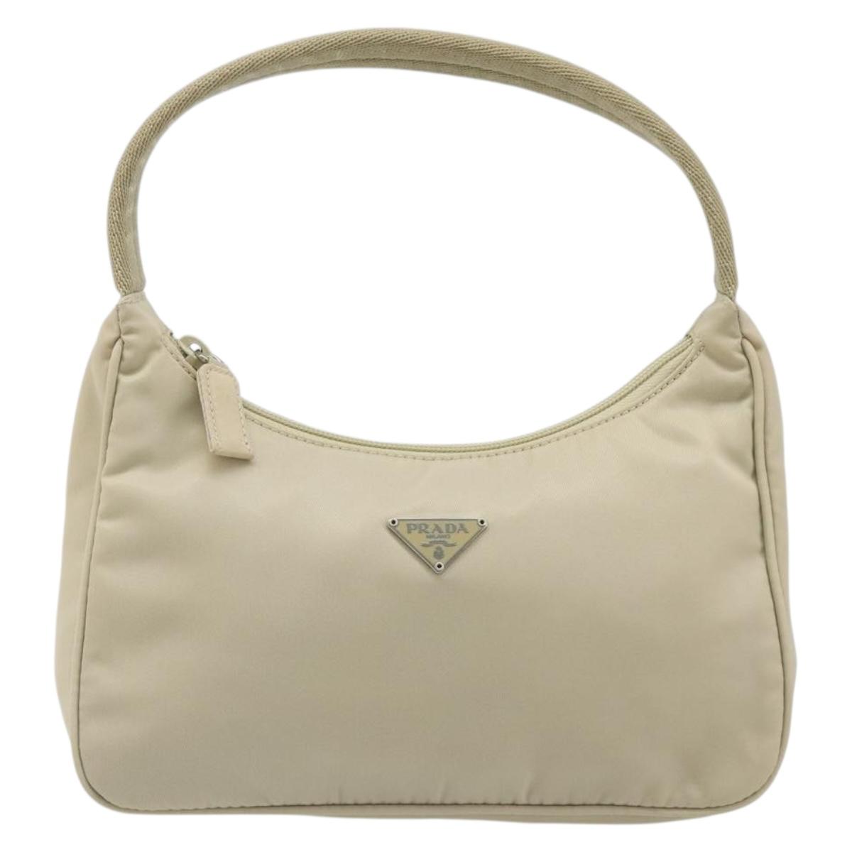 PRADA Hand Pouch Hand Bag Nylon Ivory Silver Auth 187440A