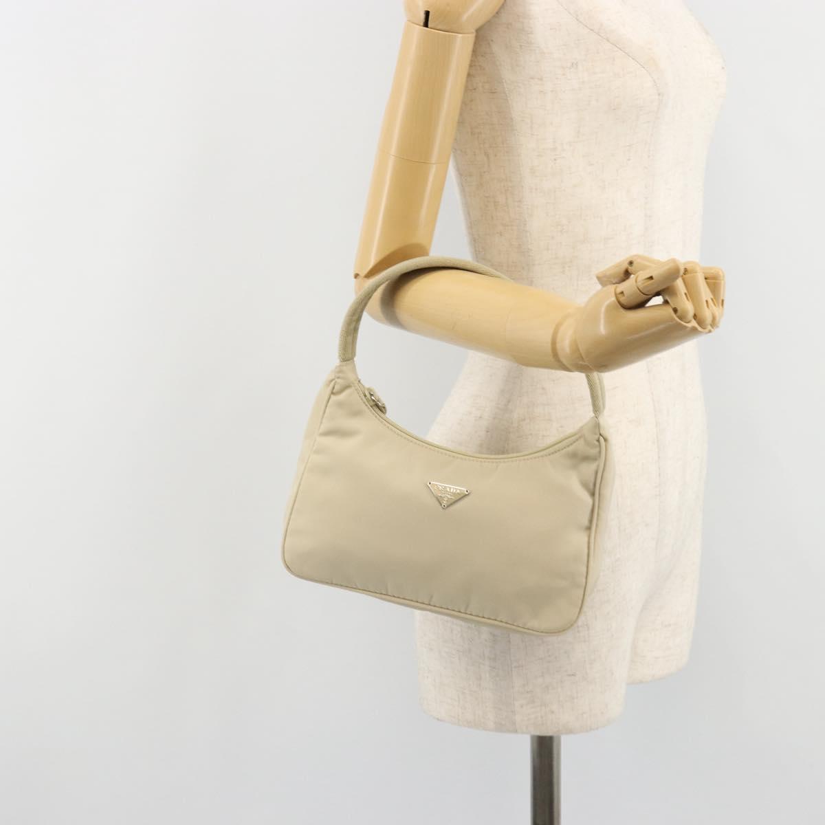 PRADA Hand Pouch Hand Bag Nylon Ivory Silver Auth 187440A