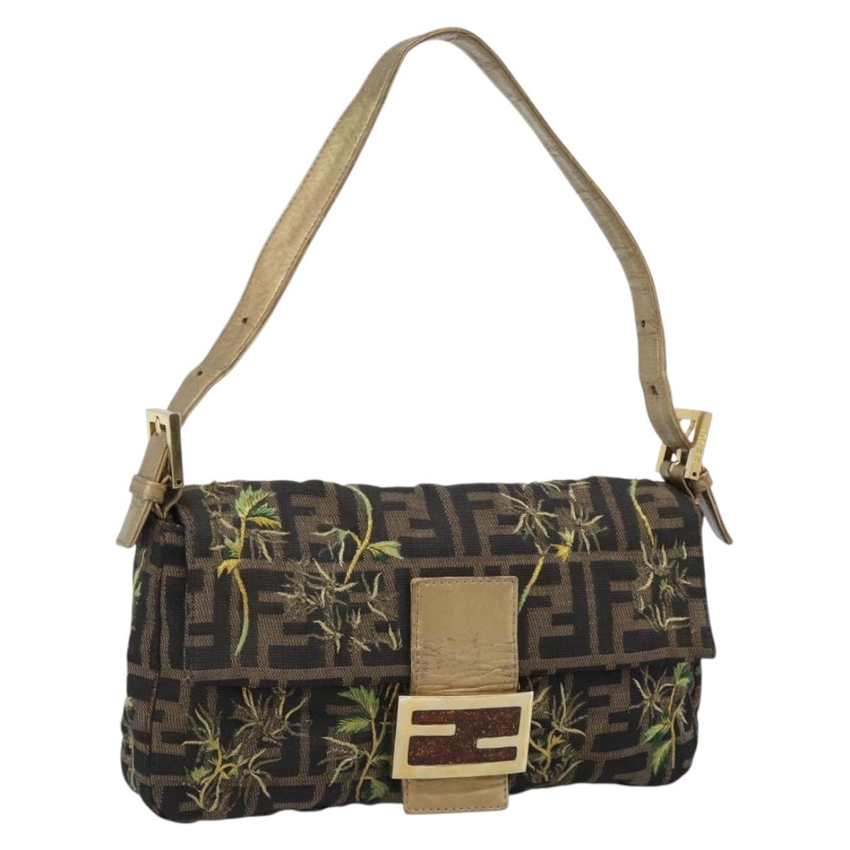 FENDI Zucca Canvas Mamma Baguette Shoulder Bag Black Gold Brown Auth 187451SM