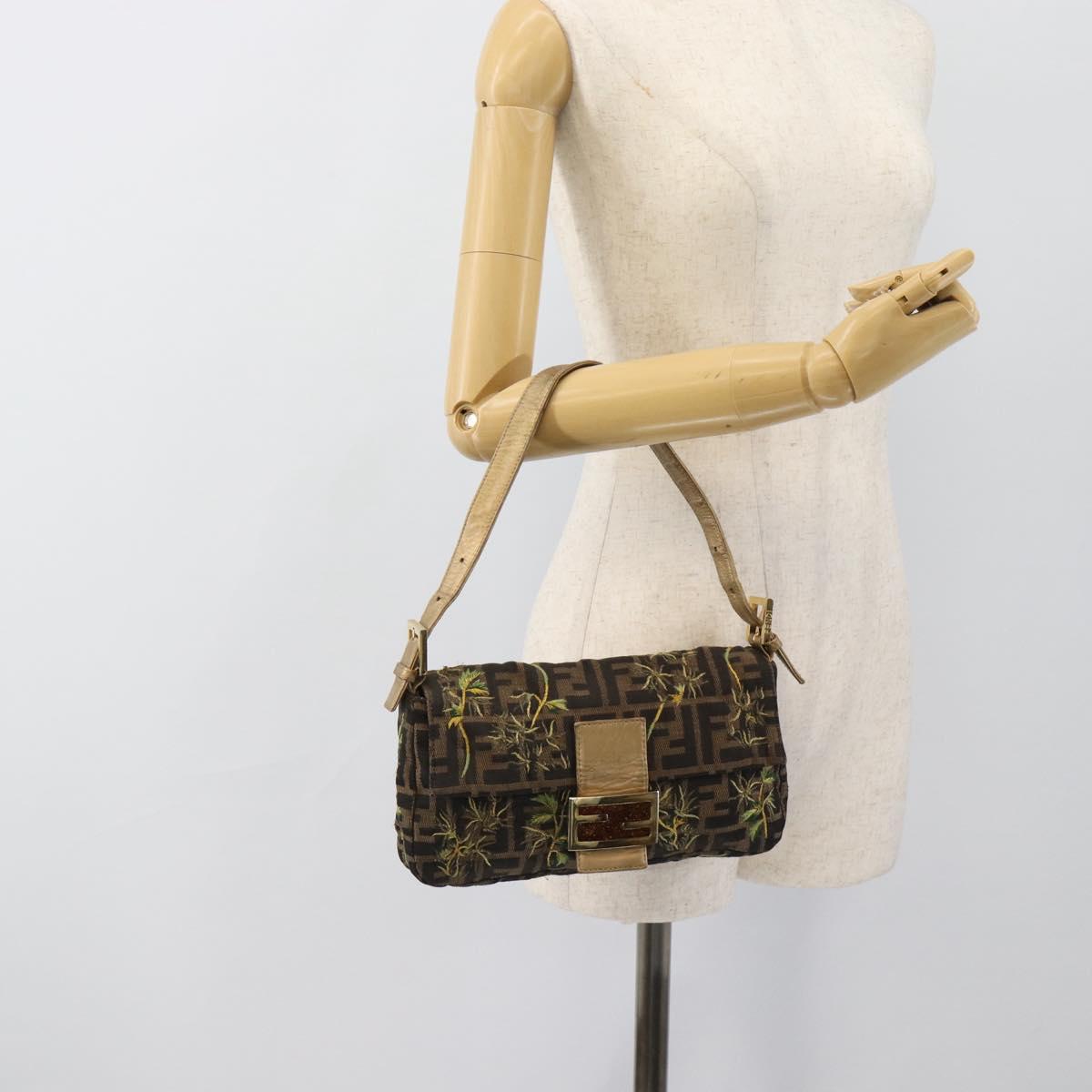 FENDI Zucca Canvas Mamma Baguette Shoulder Bag Black Gold Brown Auth 187451SM