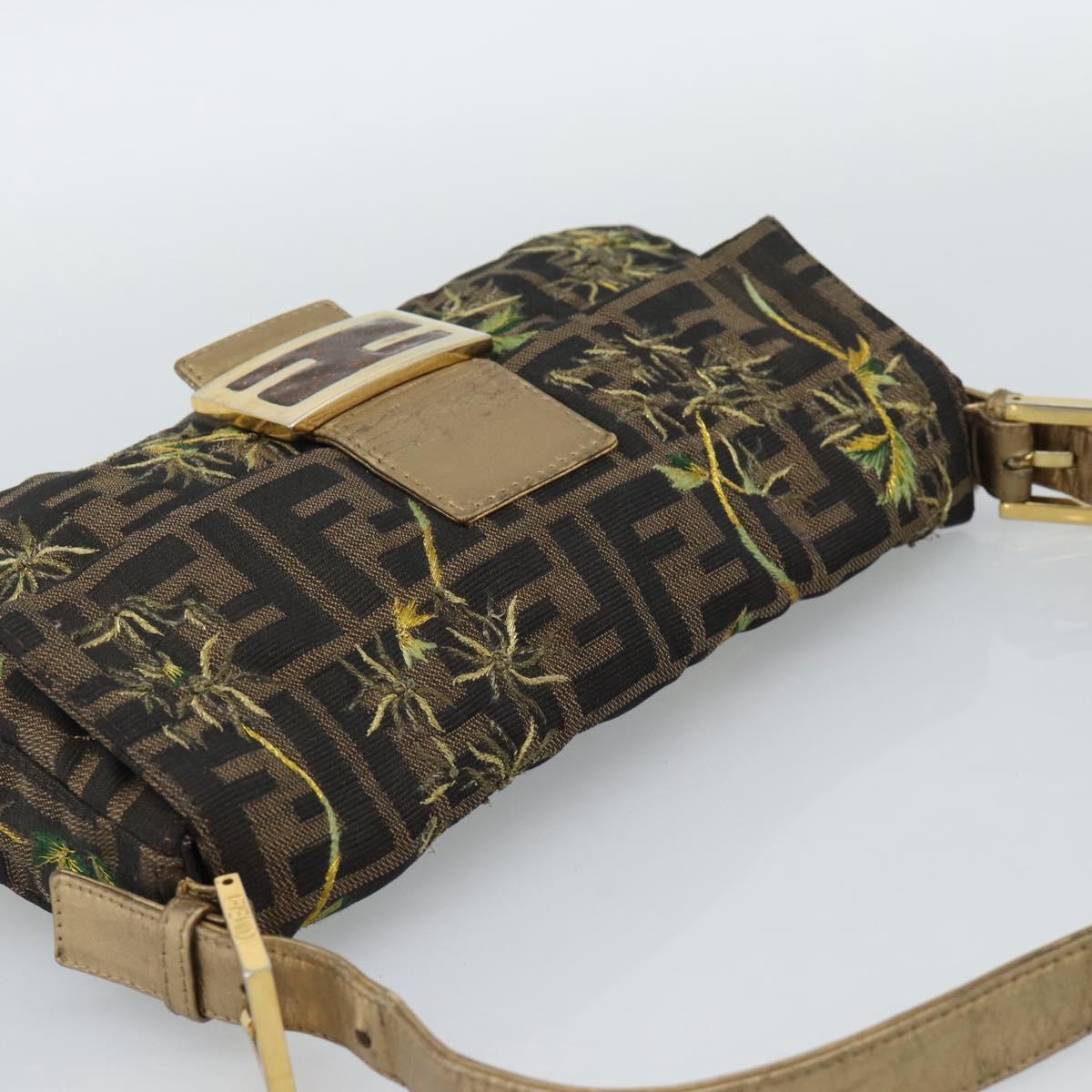 FENDI Zucca Canvas Mamma Baguette Shoulder Bag Black Gold Brown Auth 187451SM