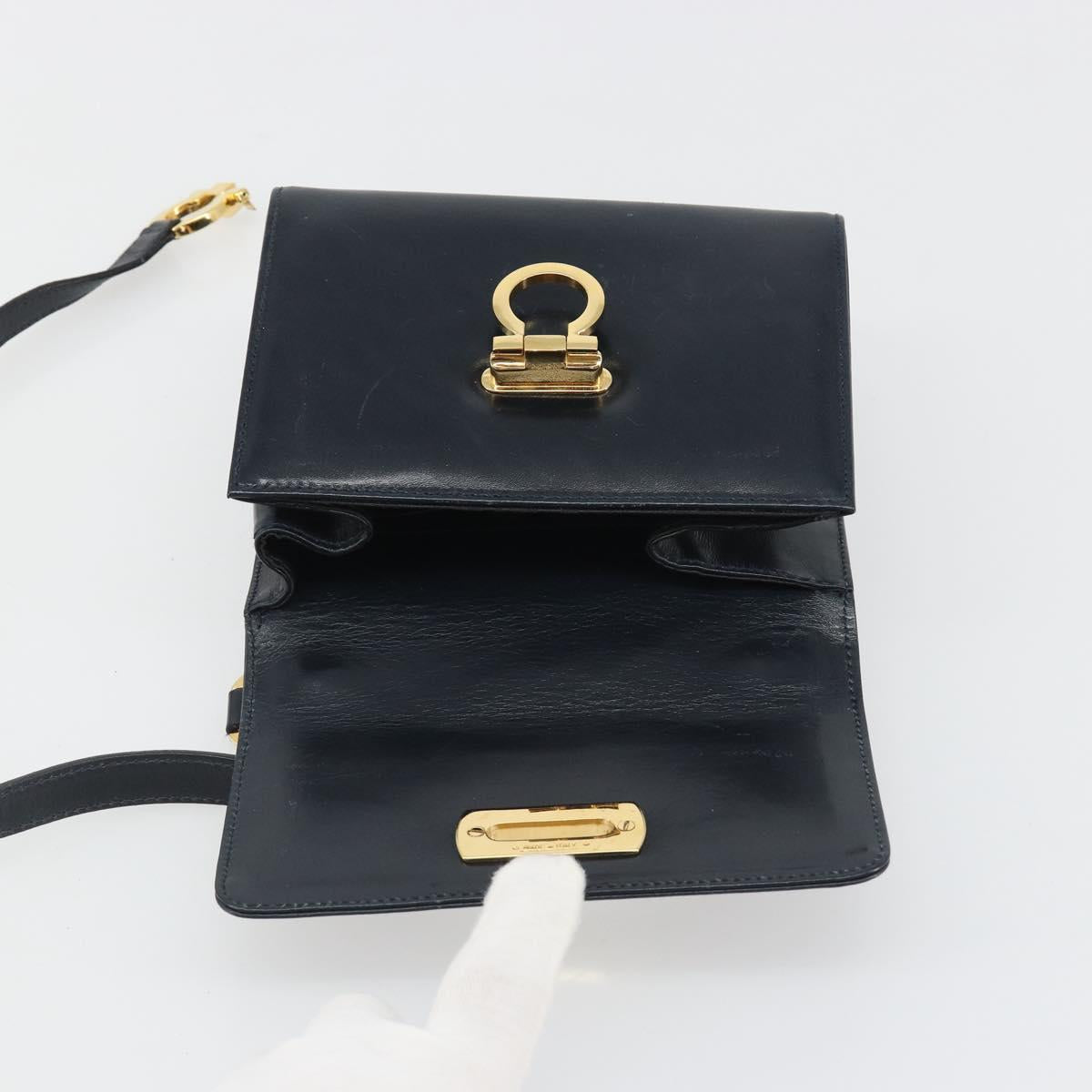 Salvatore Ferragamo Gancini Shoulder Bag Leather Navy Gold Auth 187453
