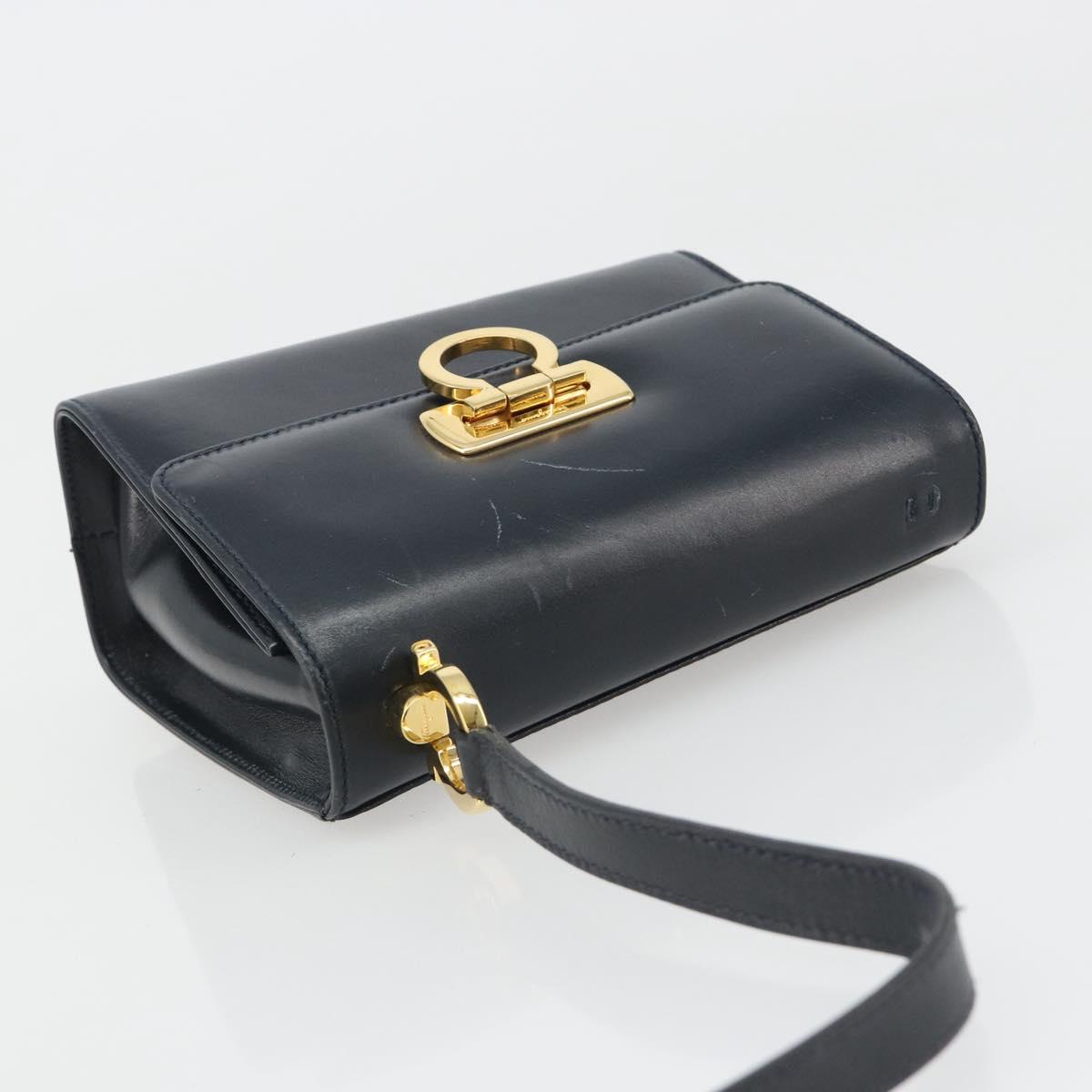 Salvatore Ferragamo Gancini Shoulder Bag Leather Navy Gold Auth 187453