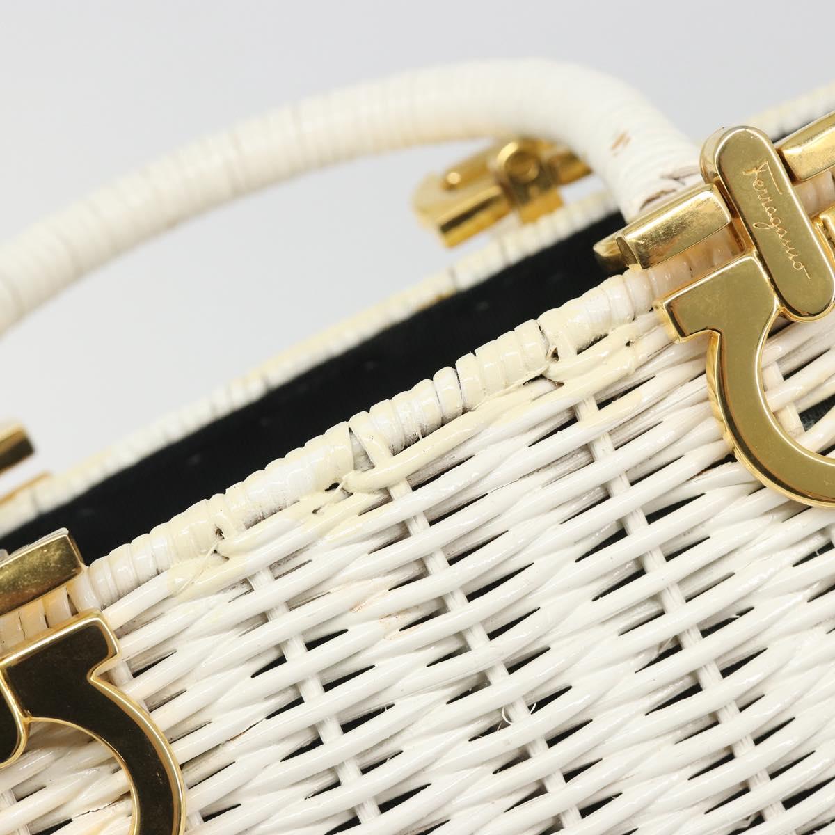 Salvatore Ferragamo Gancini Hand Bag Rattan White Gold Auth 187454V