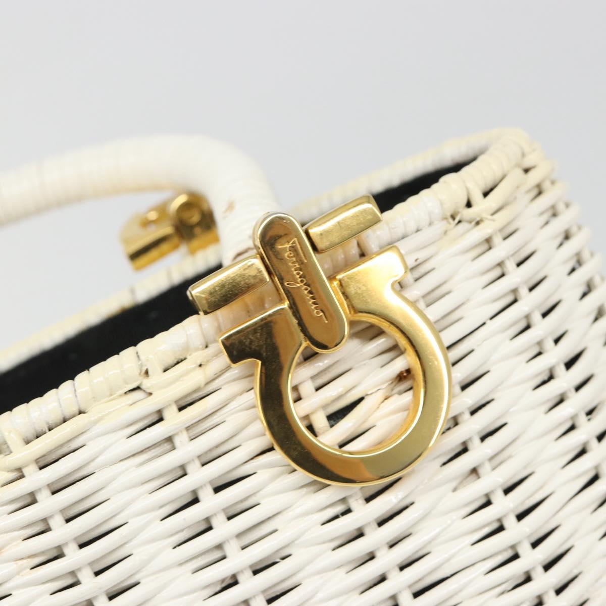 Salvatore Ferragamo Gancini Hand Bag Rattan White Gold Auth 187454V