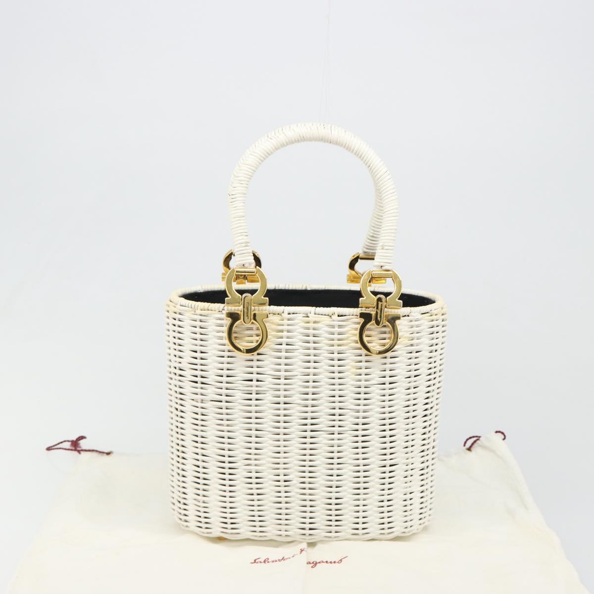 Salvatore Ferragamo Gancini Hand Bag Rattan White Gold Auth 187454V