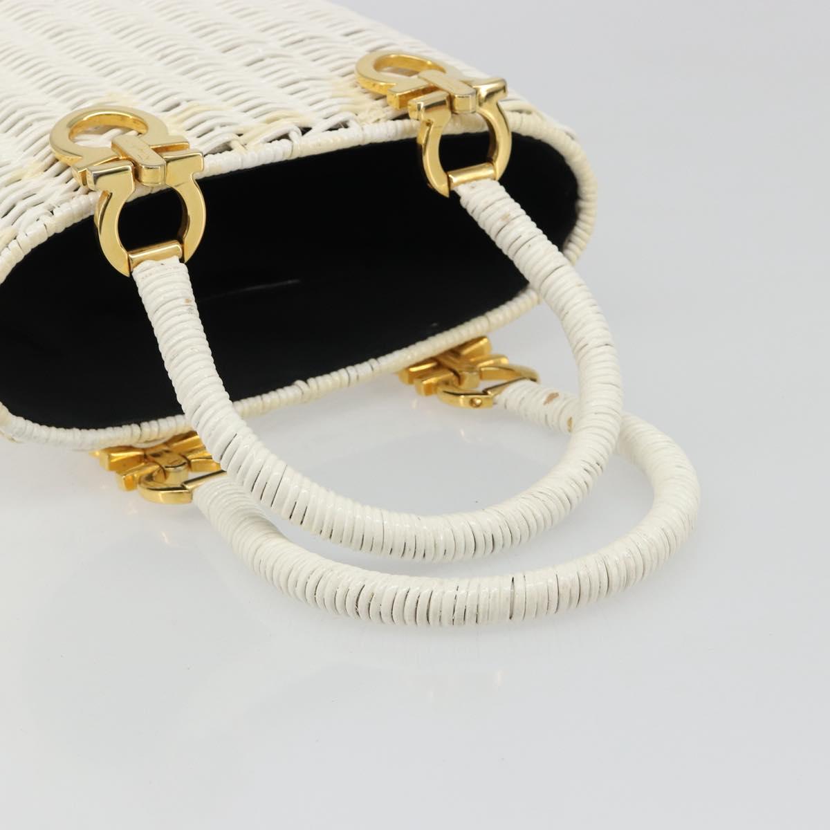 Salvatore Ferragamo Gancini Hand Bag Rattan White Gold Auth 187454V