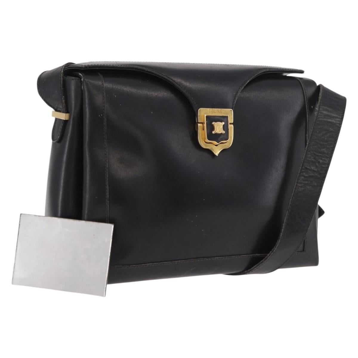 CELINE Shoulder Bag Leather Black Gold Auth 187456