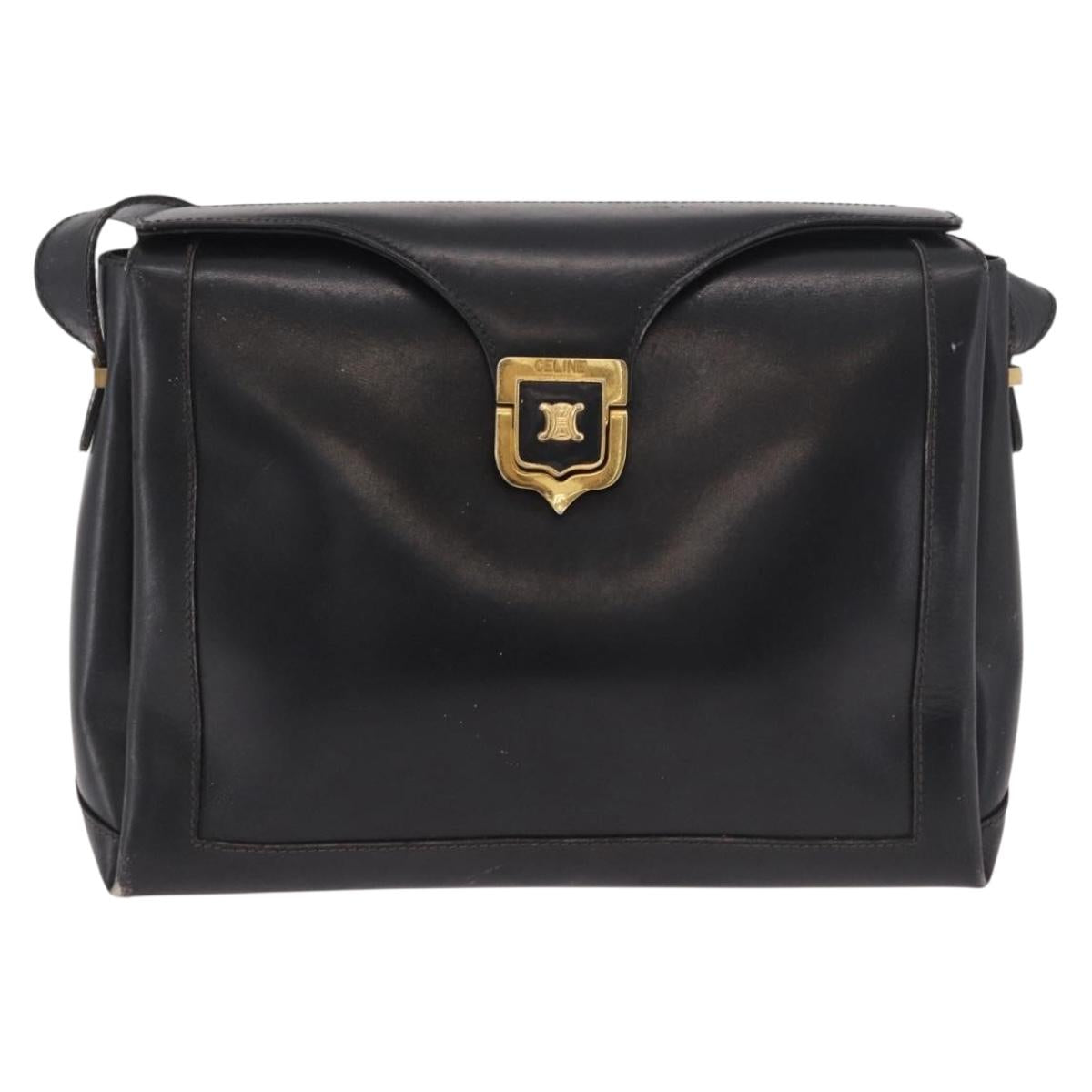 CELINE Shoulder Bag Leather Black Gold Auth 187456