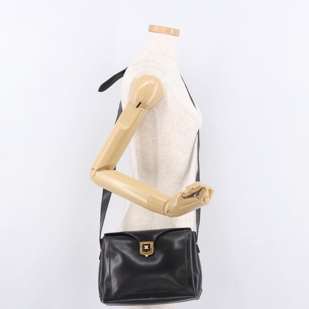CELINE Shoulder Bag Leather Black Gold Auth 187456
