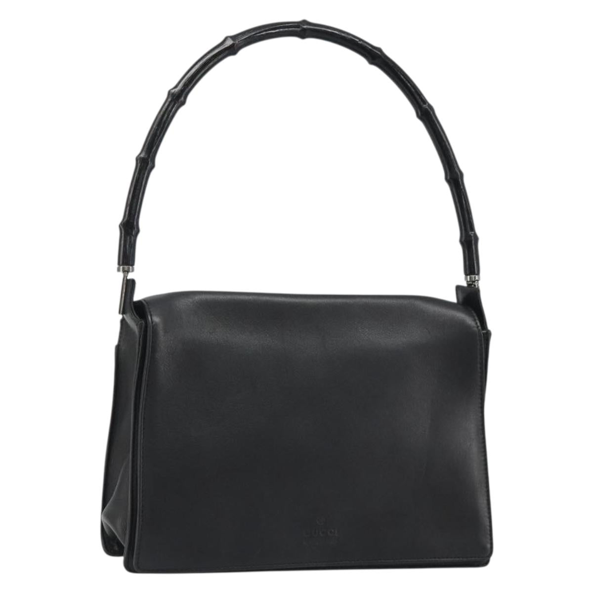 GUCCI Bamboo Shoulder Bag Leather Black Silver Auth 187466V
