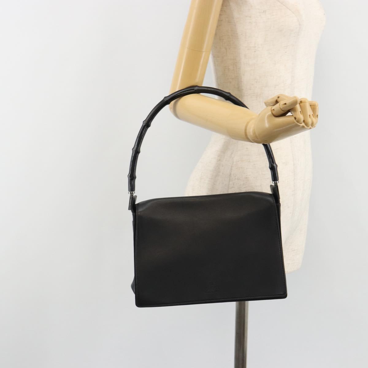 GUCCI Bamboo Shoulder Bag Leather Black Silver Auth 187466V