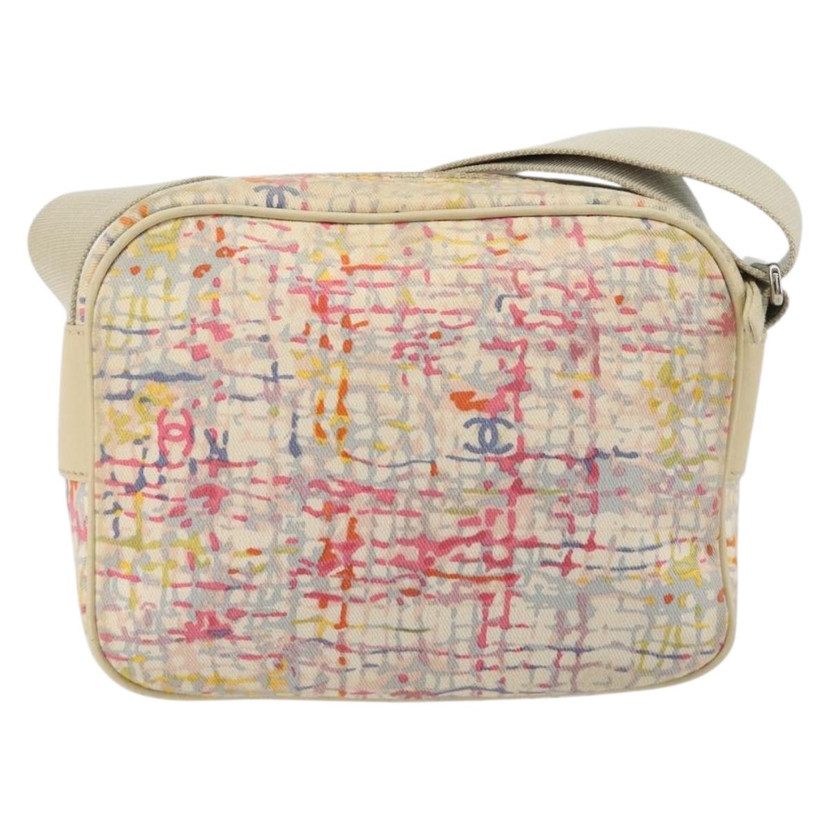 CHANEL Shoulder Bag Canvas Beige Silver CC Auth 187479