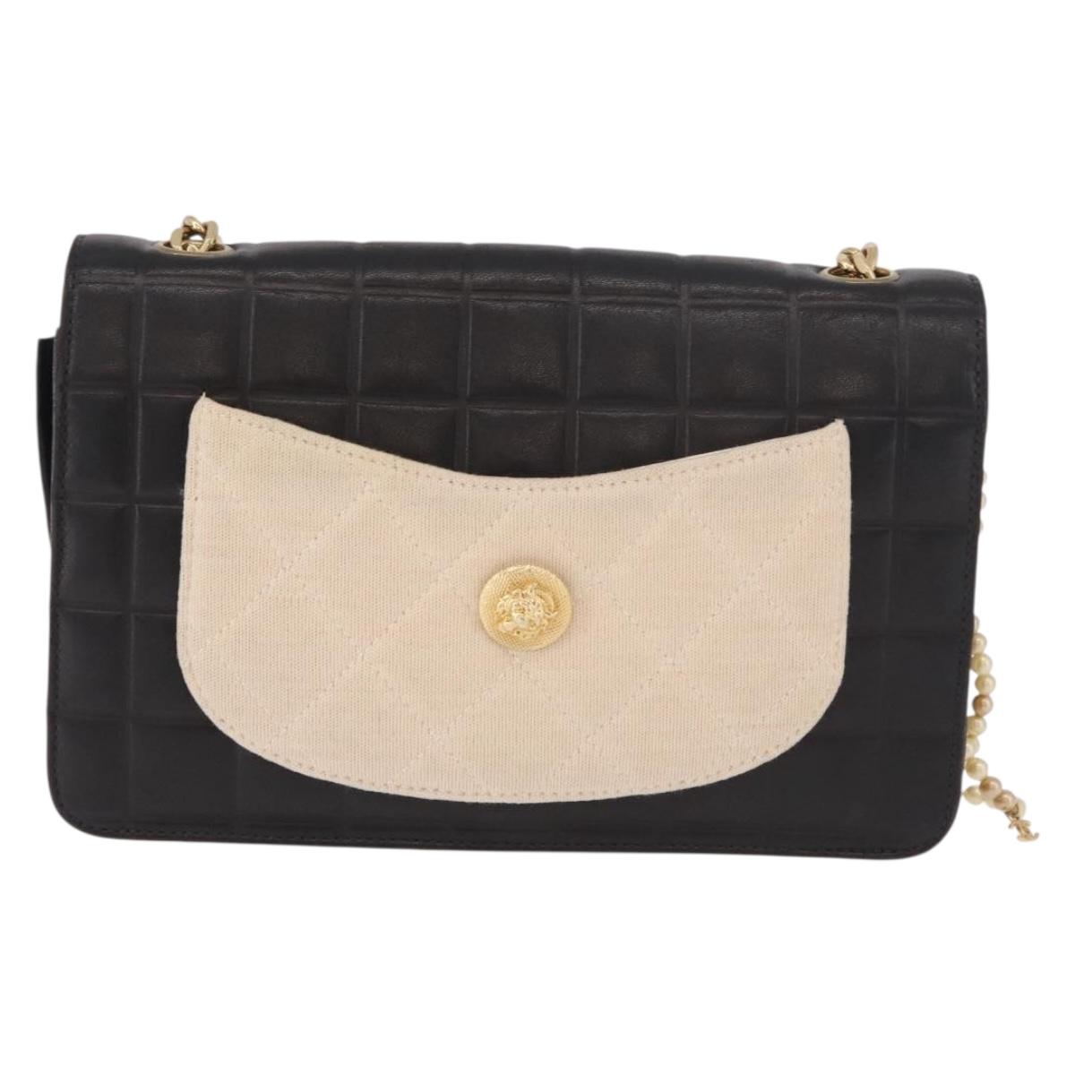 CHANEL Choco Bar Chain Shoulder Bag Lamb Skin Black Gold CC Auth 187494SAM