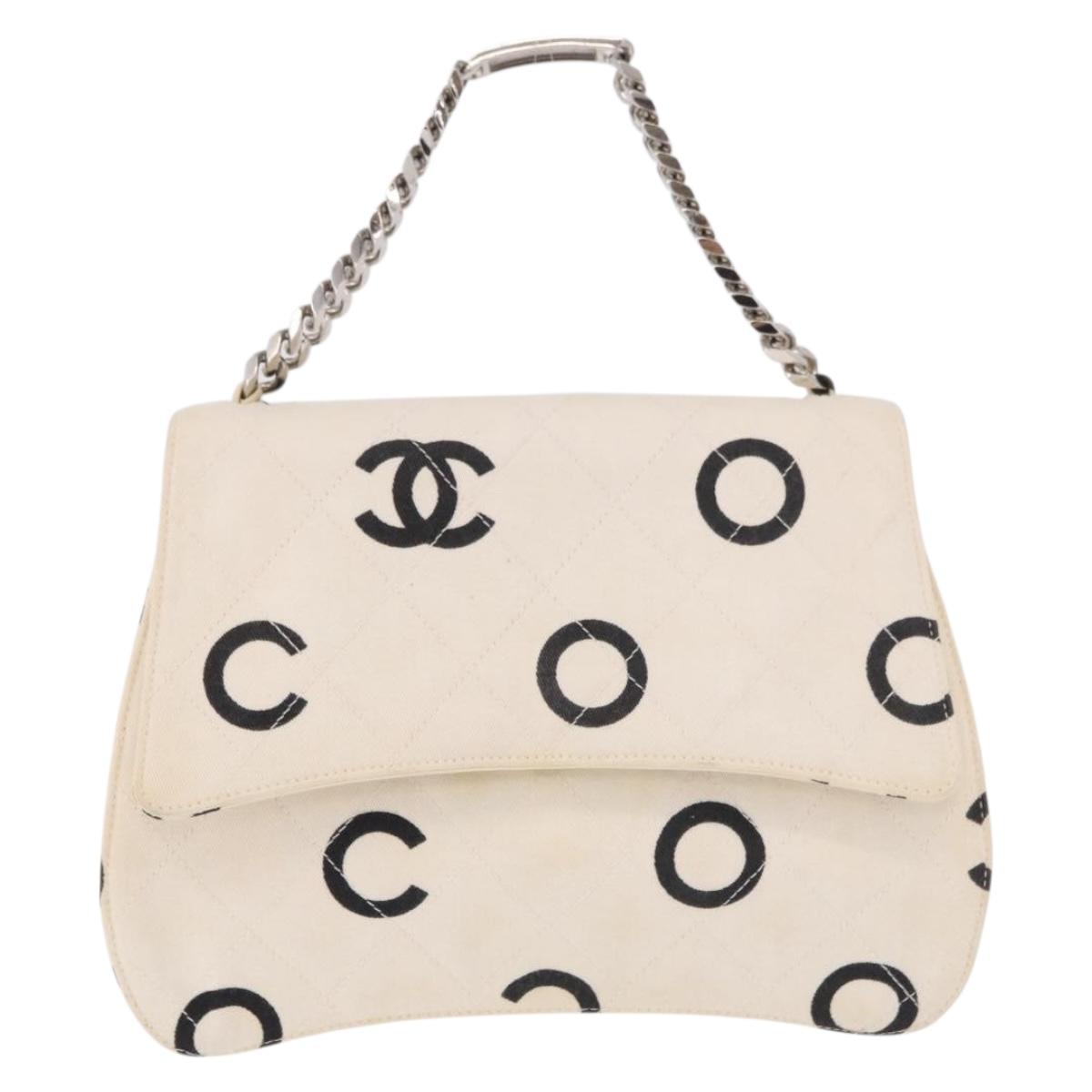 CHANEL Matelasse Chain Hand Bag Canvas White Silver CC Auth 187495V