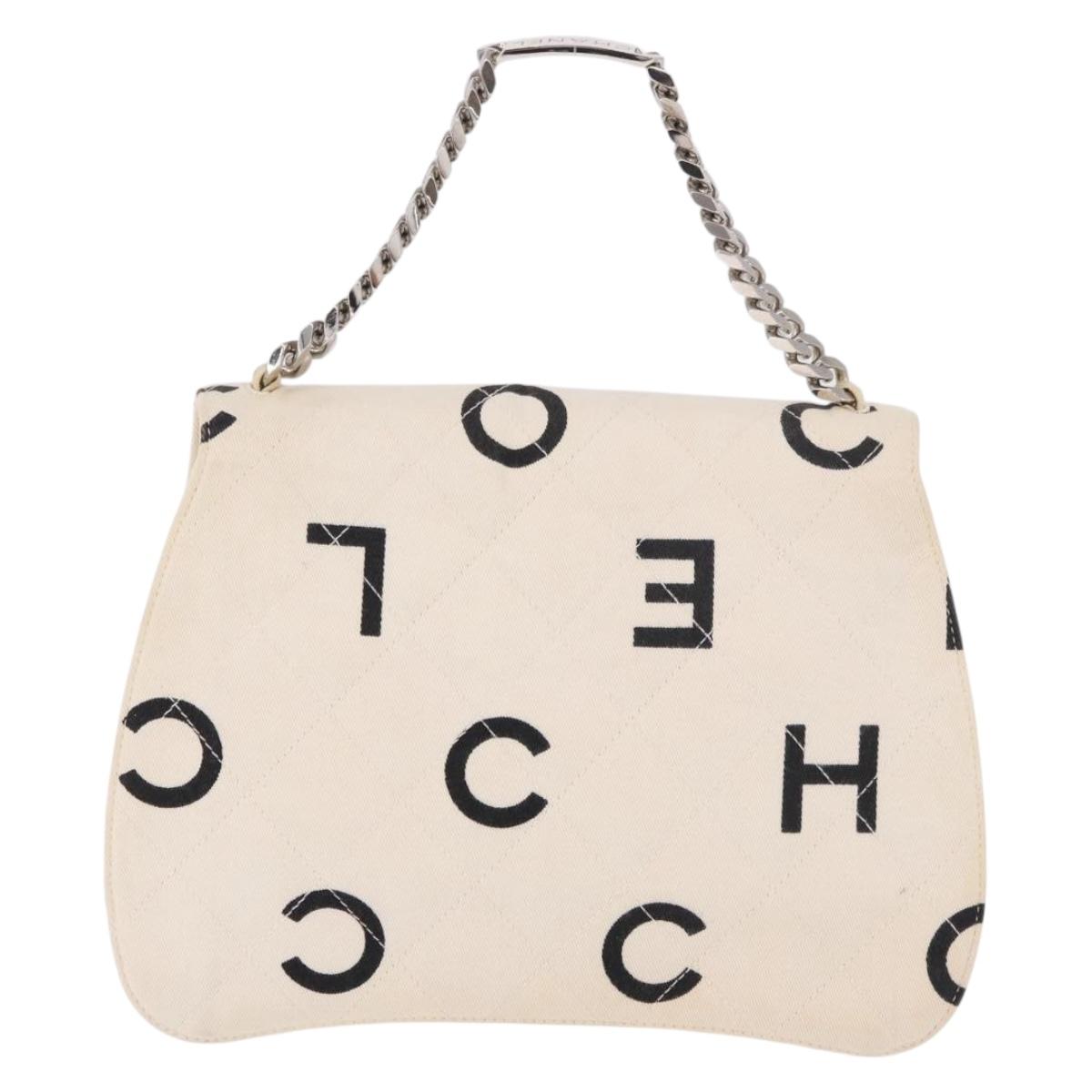 CHANEL Matelasse Chain Hand Bag Canvas White Silver CC Auth 187495V