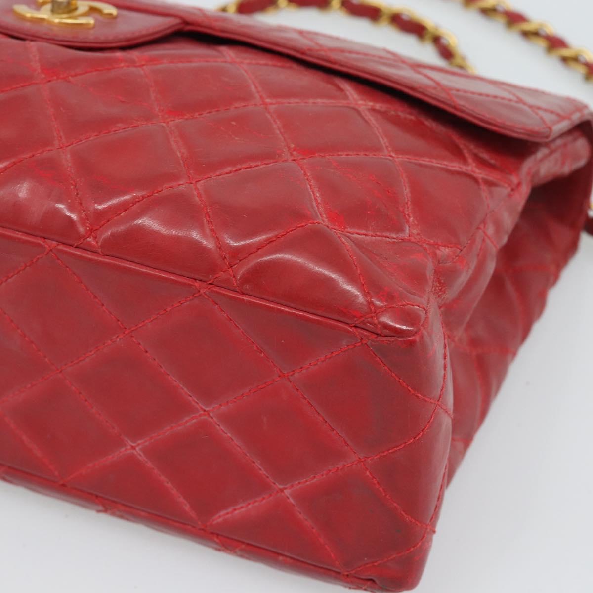 CHANEL Matelasse Chain Shoulder Bag Patent leather Red Gold CC Auth 187496