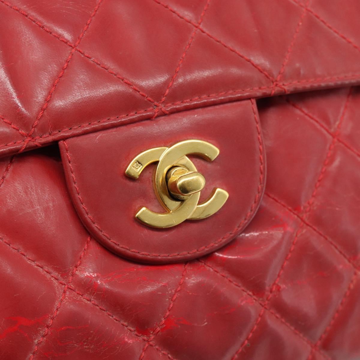 CHANEL Matelasse Chain Shoulder Bag Patent leather Red Gold CC Auth 187496