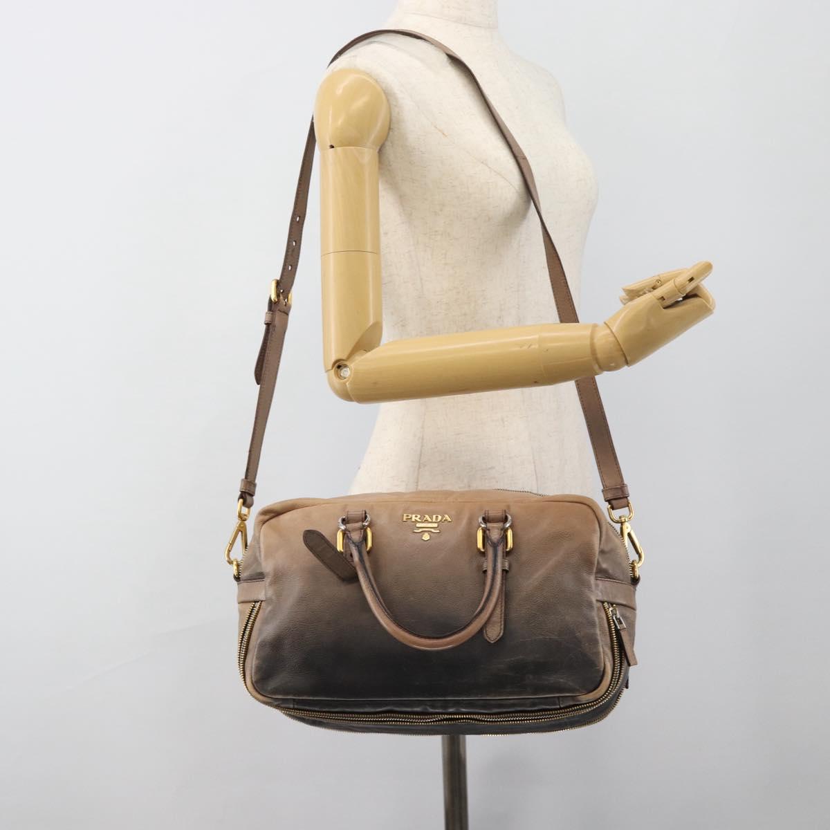 PRADA Hand Bag Leather 2way Beige Gold Auth 187498A