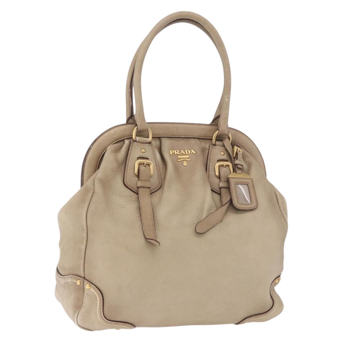 PRADA Hand Bag Leather Beige Gold Auth 187499