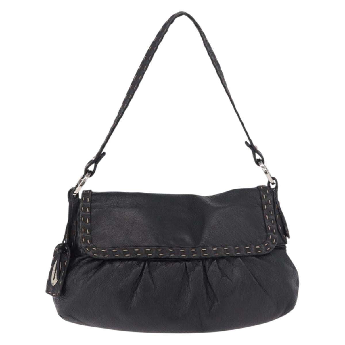 FENDI Celeria Shoulder Bag Leather Black Silver Auth 187501A