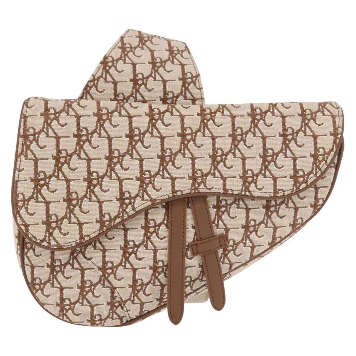 Christian Dior Trotter Canvas Saddle Shoulder Bag Beige Silver Auth 187508SAM