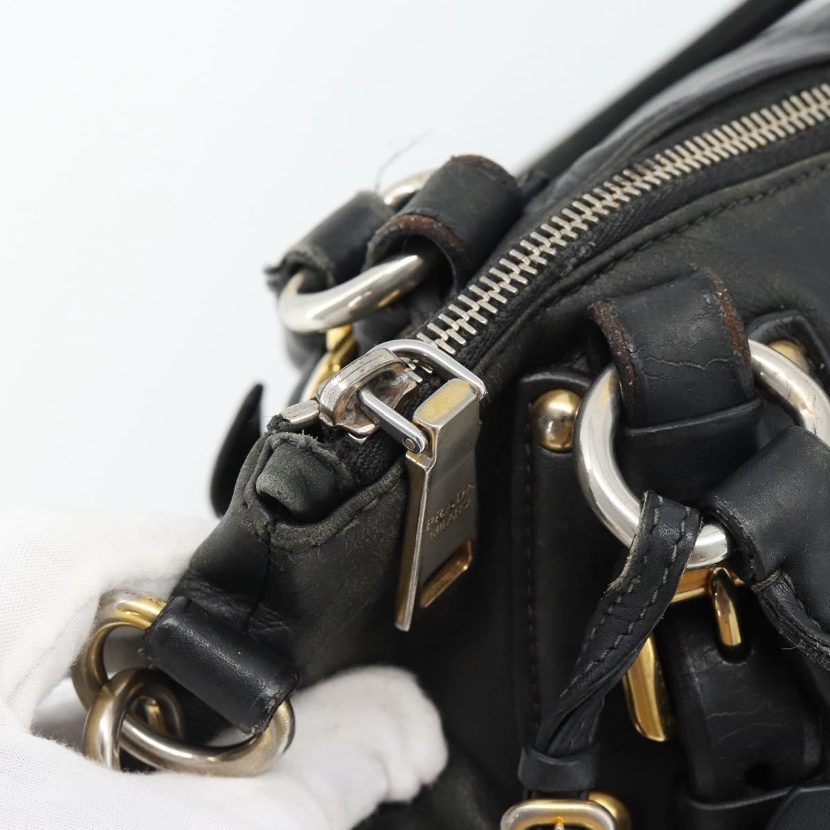 PRADA Hand Bag Leather 2way Black Gold Auth 187551