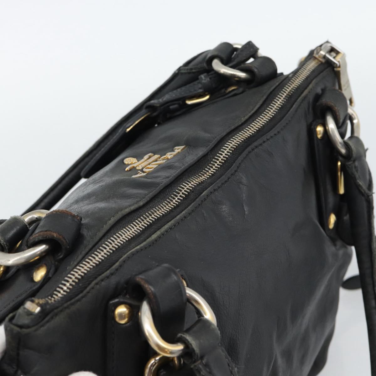 PRADA Hand Bag Leather 2way Black Gold Auth 187551