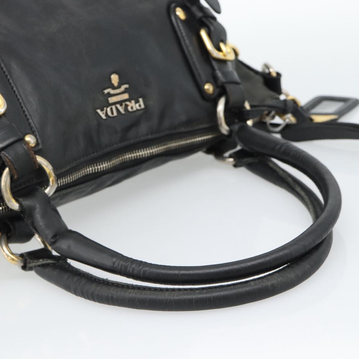 PRADA Hand Bag Leather 2way Black Gold Auth 187551