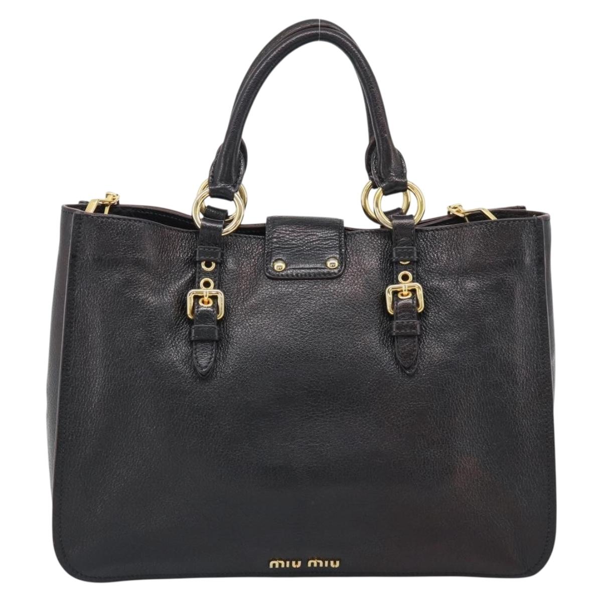 Miu Miu Madras Hand Bag Leather 2way Black Gold Auth 187556A