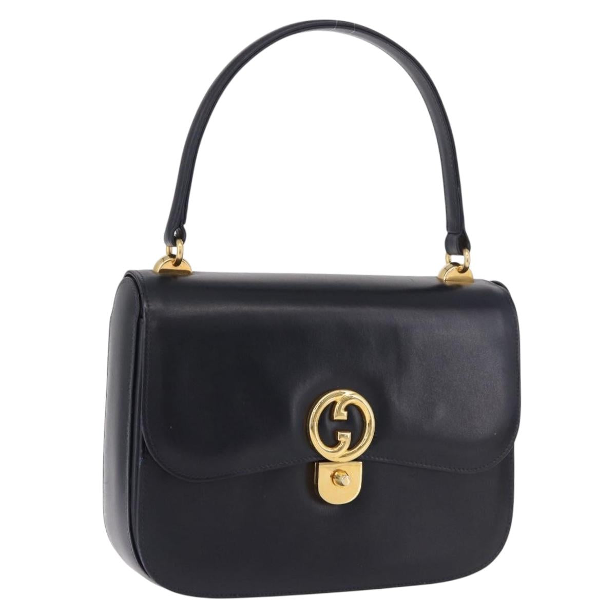 GUCCI Hand Bag Leather Navy Gold Auth 187557A