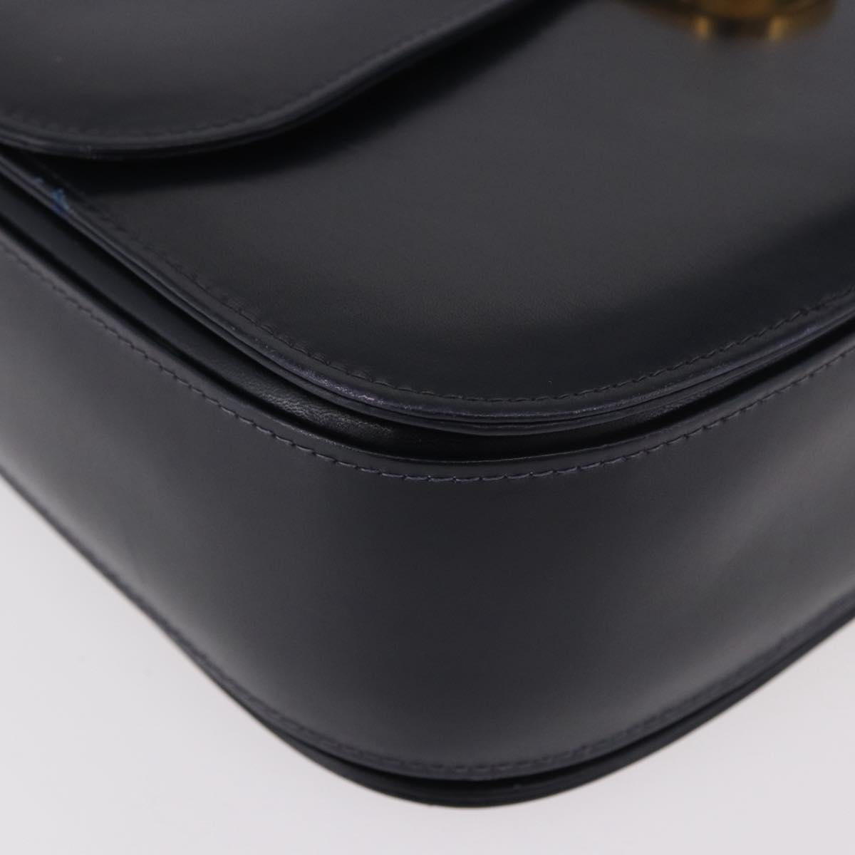 GUCCI Hand Bag Leather Navy Gold Auth 187557A