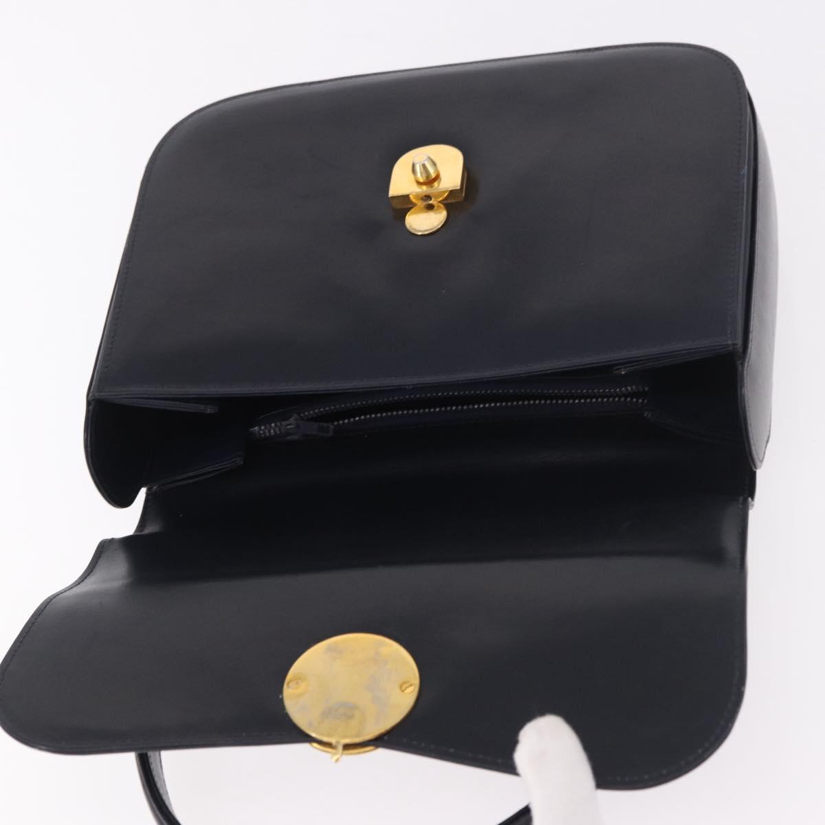 GUCCI Hand Bag Leather Navy Gold Auth 187557A
