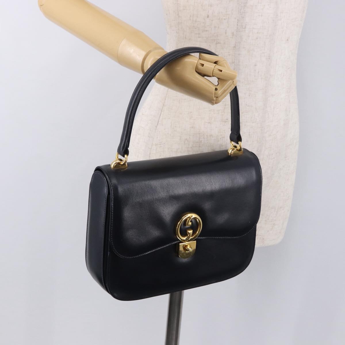GUCCI Hand Bag Leather Navy Gold Auth 187557A