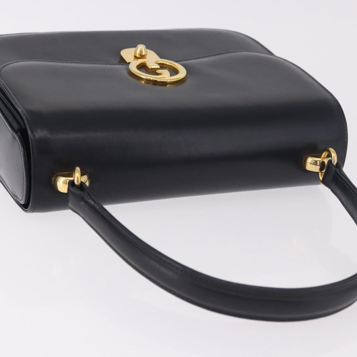 GUCCI Hand Bag Leather Navy Gold Auth 187557A