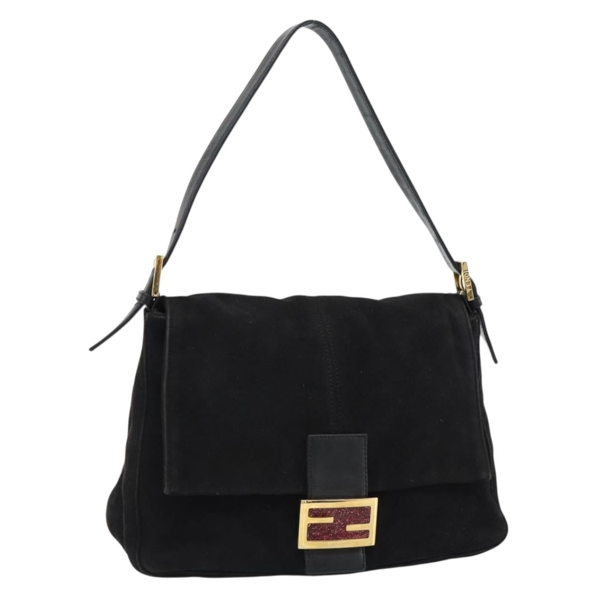 FENDI Mamma Baguette Shoulder Bag Suede Black Gold Auth 187561SAM