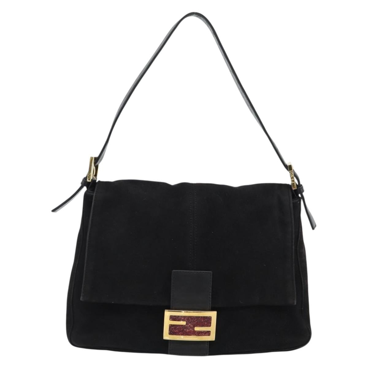 FENDI Mamma Baguette Shoulder Bag Suede Black Gold Auth 187561SAM
