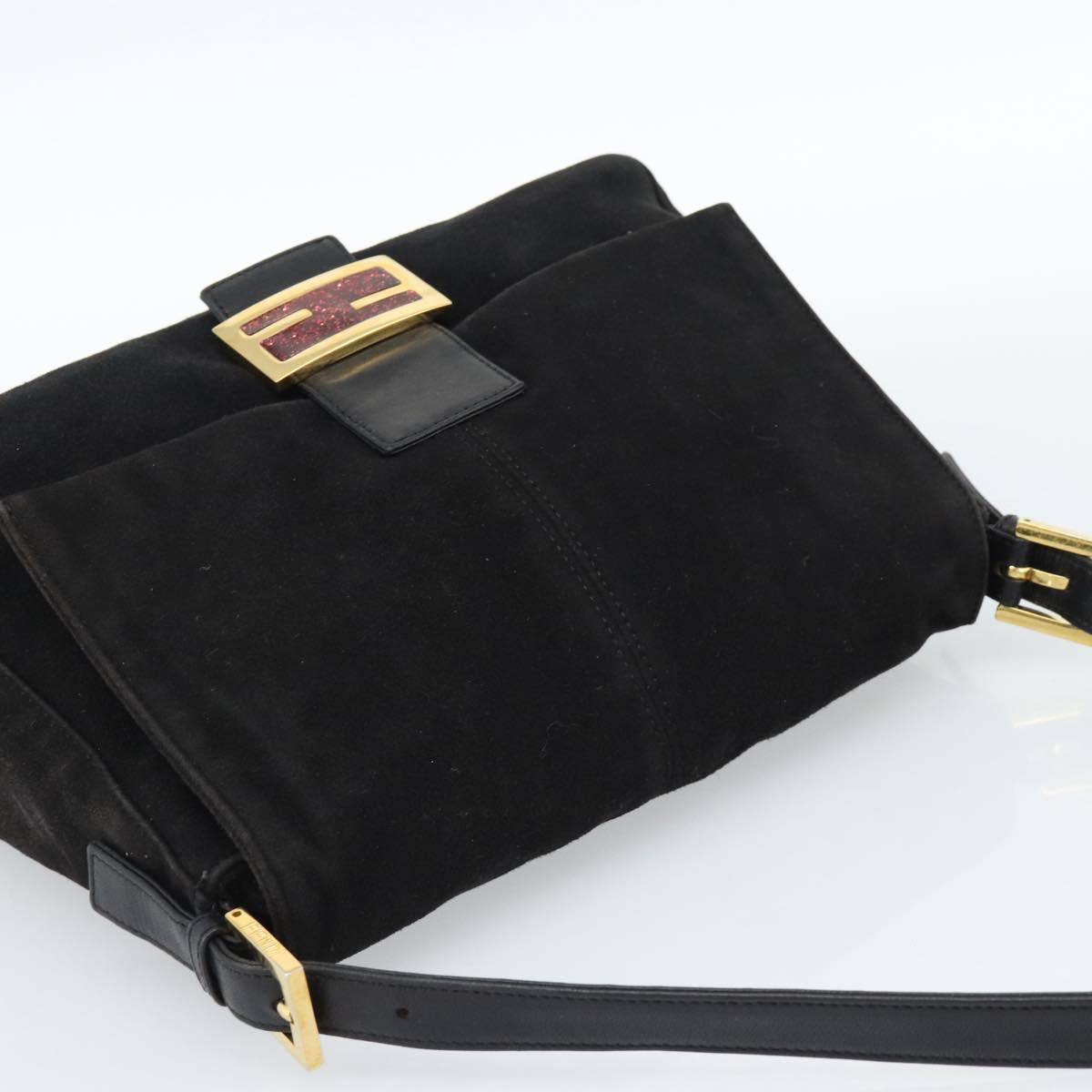 FENDI Mamma Baguette Shoulder Bag Suede Black Gold Auth 187561SAM