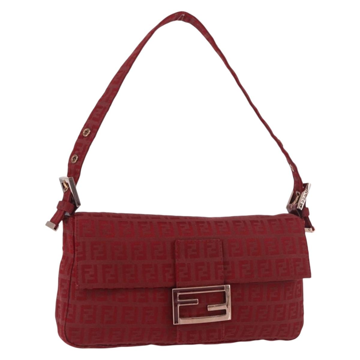 FENDI Zucchino Canvas Mamma Baguette Shoulder Bag Red Gold Auth 187576SAM