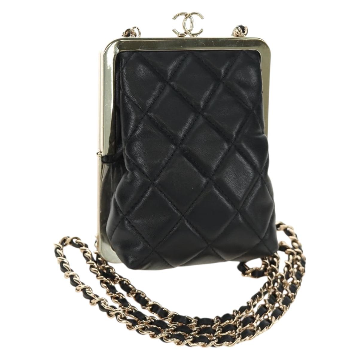 CHANEL Chain Matelasse Shoulder Bag Lamb Skin Black Gold CC Auth 187603SAM