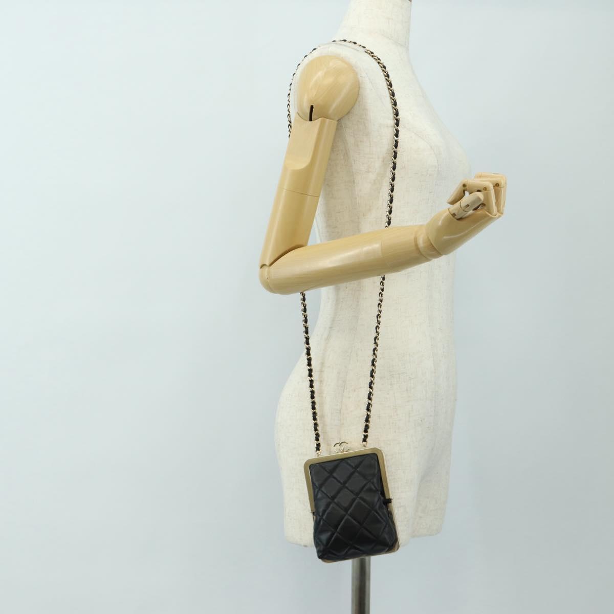 CHANEL Chain Matelasse Shoulder Bag Lamb Skin Black Gold CC Auth 187603SAM