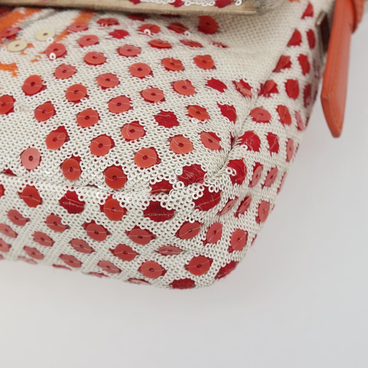 FENDI Mamma Baguette Shoulder Bag Canvas Sequins Orange Silver Auth 187605SM