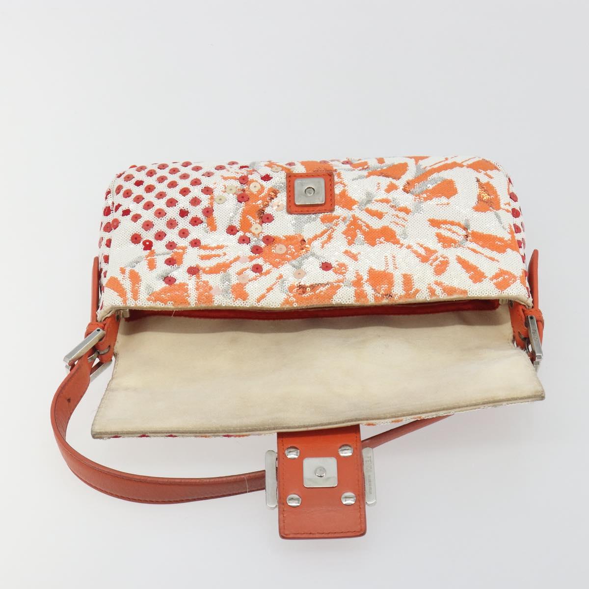 FENDI Mamma Baguette Shoulder Bag Canvas Sequins Orange Silver Auth 187605SM